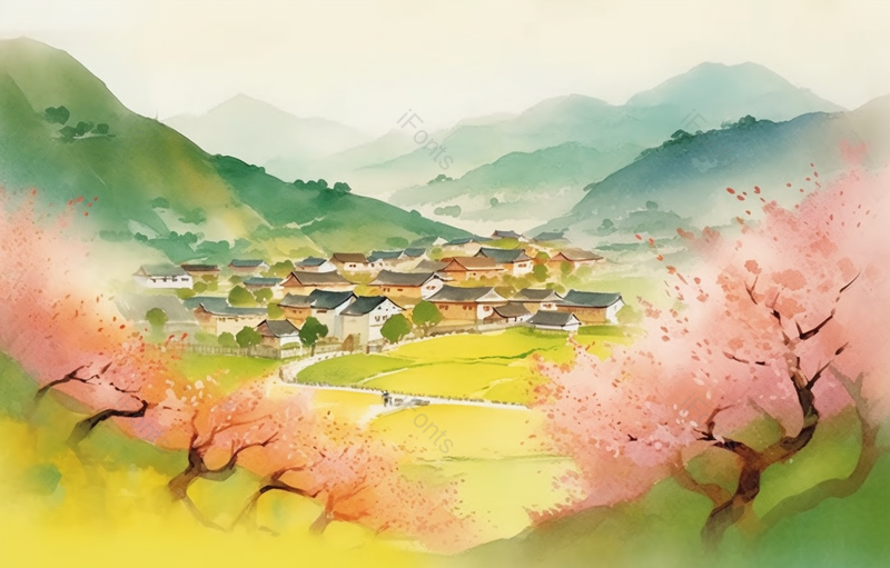 粉色桃花林里的村庄水彩手绘场景,插画/手绘图,插画/手绘图库,插画/手绘图下载,插画/手绘